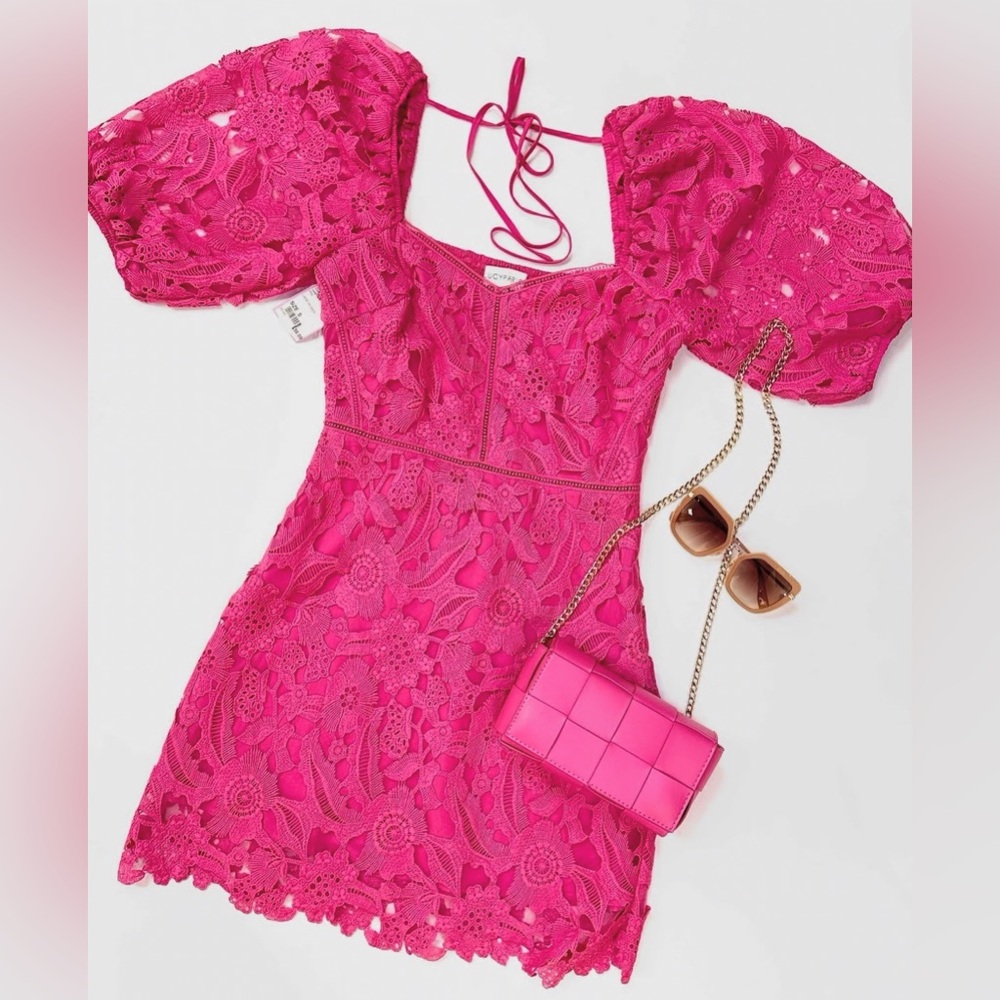 Lucy Paris Pink Lace V-neck Tie Back Dress, fully lined, size L